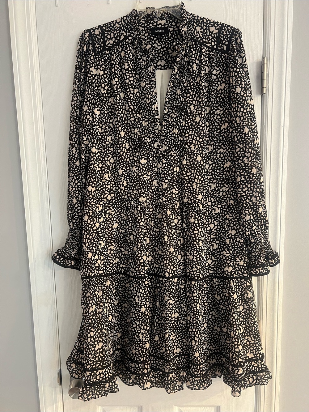ME+EM Black and Cream Printed Ruffle Tiered Long Sleeve Dress